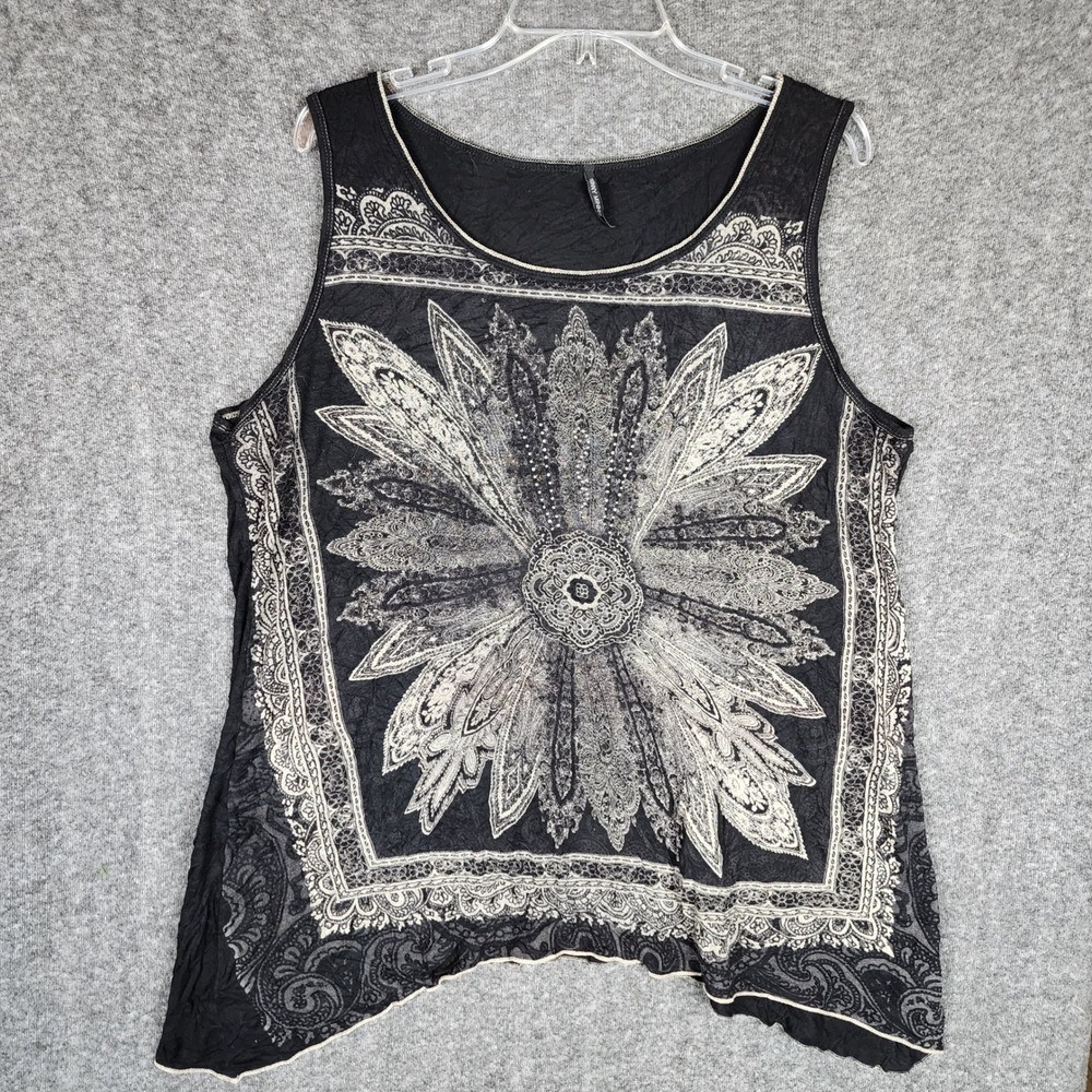 Skinny Minnie Tank Top Womens 1X VS801 Black Paisley Medallion Rhinestone EUC
